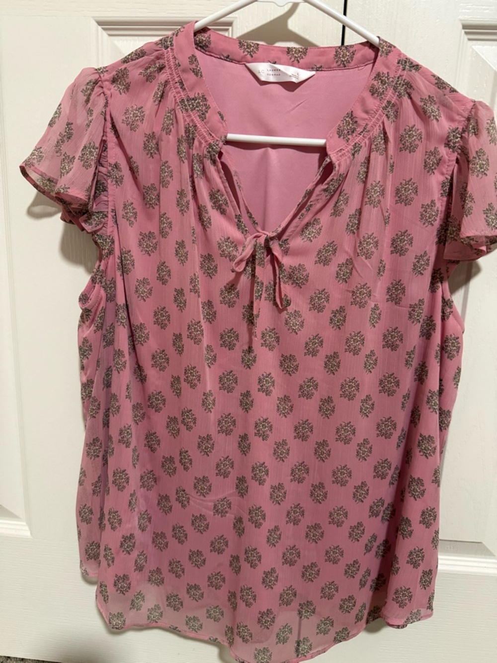 Lauren Conrad Women's Pink Floral Tie-Neck Blouse